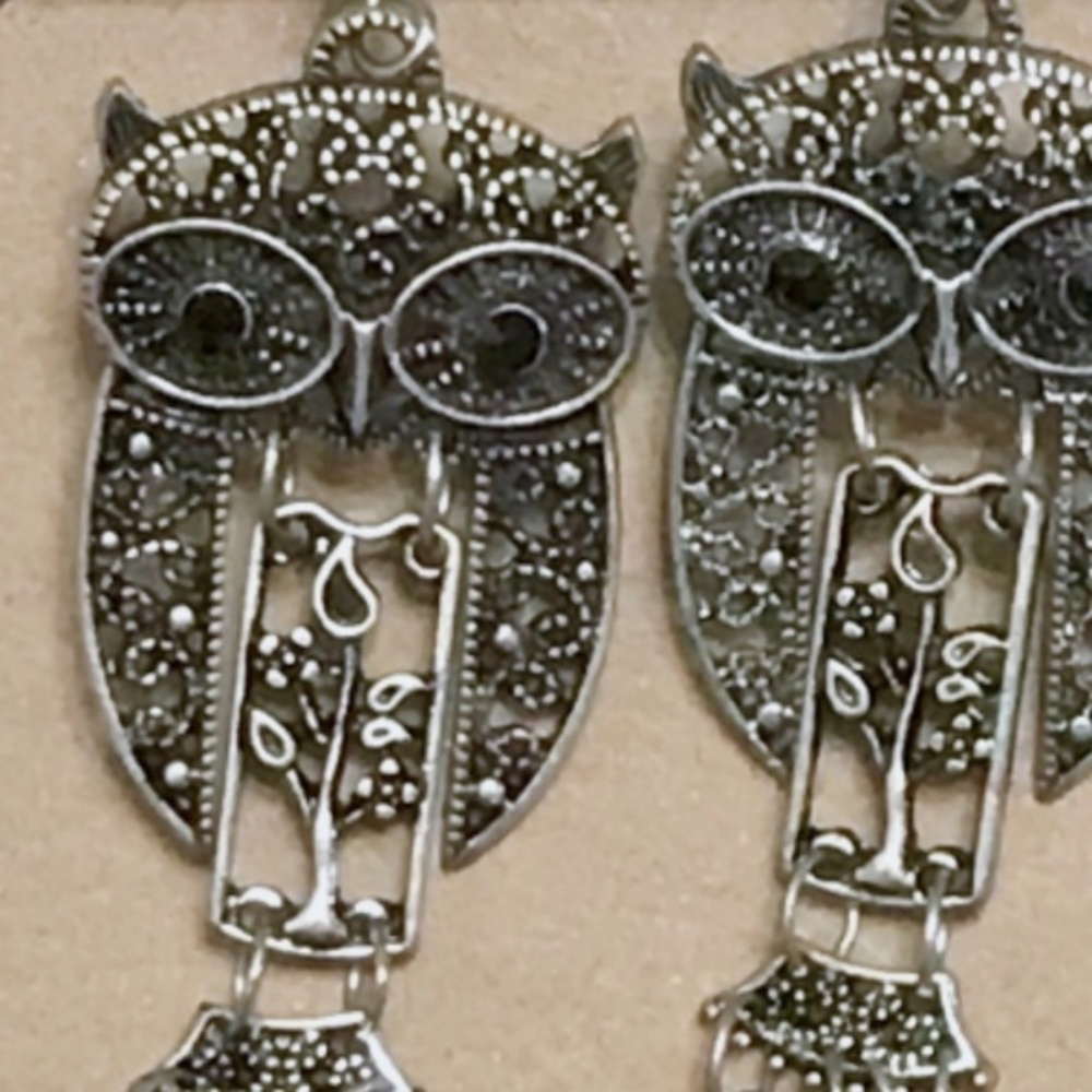 Silver Owl & Black Feather Earrings - Picture 2 of 4